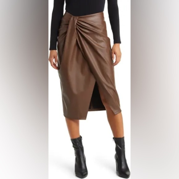 Open Edit Dresses & Skirts - Open Edit Wrap Front Faux Leather Skirt in Brown Pinecone Size Large